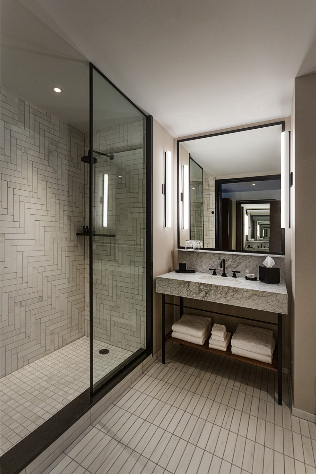 Bathroom with a large glass shower at our hotel in Ybor City, Florida