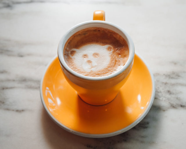 Close up view of latte art in a porcelain cup at our Ybor City, Florida hotel
