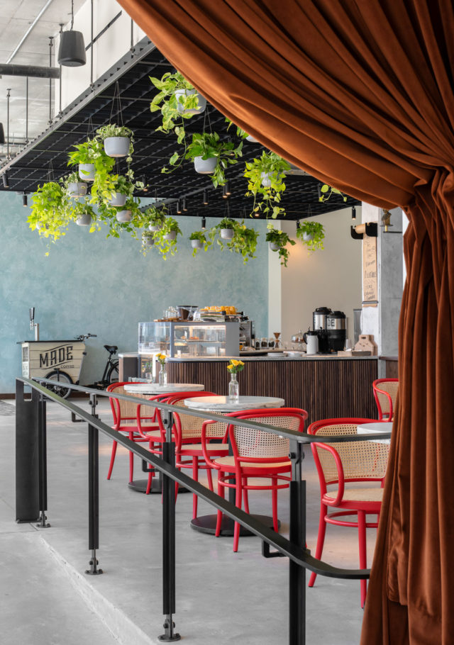 Hanging plants over cafe tables at our Ybor City, FL hotel