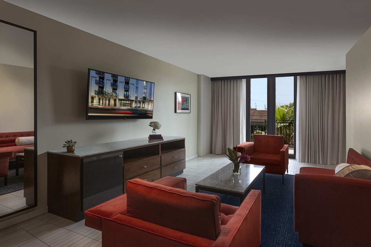 Living room area and balcony in a suite at our hotel in Ybor City, Florida