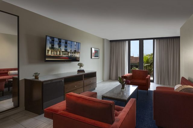 Living room area and balcony in a suite at our hotel in Ybor City, Florida